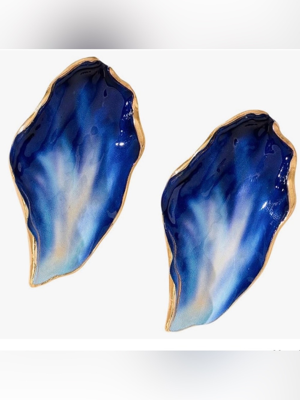 Blue Colorful Chunky Flower Leaf Earrings | Big Enamel Statement Dangles - Picture 2 of 7